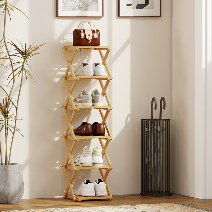 Стійка для взуття, розкладна, з 6 полицями з бамбука, вміщує до 9 пар взуття, розмір 30 x 29 x 108 см, колір: натуральний