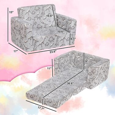 Дитяче диван-ліжко BEJOY 2 в 1 з розкладним механізмом, м'яке крісло, дитячий диван з Sherpa тканини, сірий з динозаврами, ідеальний подарунок для дівчаток та хлопчиків