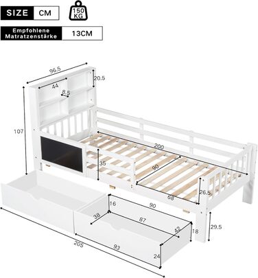 Дитяче ліжко Кiндербет 90x200 з шухлядами, полiцями та захистом, бiле. Ліжко-трансформер для підлітків, бiле, без матраца
