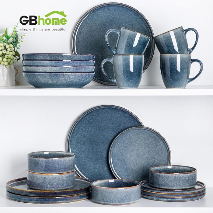 Набір посуду GBHOME 18 шт. з реактивною глазур'ю: тарілки та миски, чорно-оливковий колір, стійкий до сколів та розбиття, підходить для миття в посудомийній машині та використання в мікрохвильовці