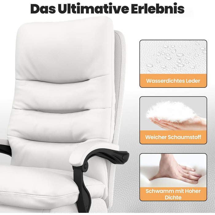 Ергономічне крісло для офісу Naspaluro з підніжкою, комп'ютерне крісло з двошаровою подушкою, високою спинкою, функцією відкидання, регулюванням висоти, з PU-шкіри, до 150 кг (Білий, Штучна шкіра)