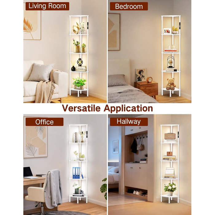 LED торшер з полицею, 3 режими світла, димування (сенсор/пульт), кутова полиця 5-рівнів, вузький книжковий стелаж для вітальні, спальні, офісу (білий)