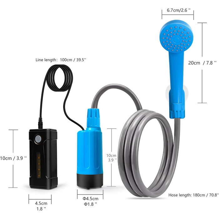 Портативний кемпінговий душ Koopsmate, відкритий кемпінговий душ зі світлодіодними ліхтарями, акумуляторна батарея, мобільний душ з душовою лійкою та шлангом, відкритий душ для походів, садова автомийка синій - дві батареї