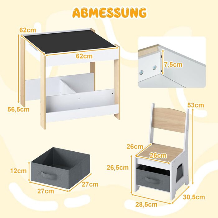 Детский стол со стульями COSTWAY 3 в 1, деревянная мебель для детей от 3 лет с откидной столешницей, полкой и ящиками