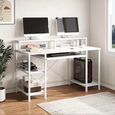 Комп'ютерний стіл для дому та офісу з підставкою для клавіатури, геймінговий стіл з підставкою для монітора та CPU-стійкою, сучасний стіл для навчання та роботи, білий, з полицями