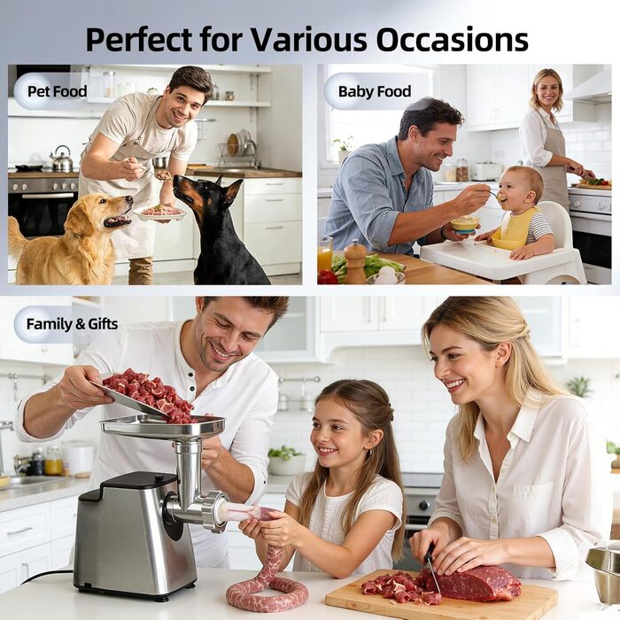 М'ясорубка електрична FIMEI 4-в-1 з насадками для ковбас та печива, нержавіюча сталь