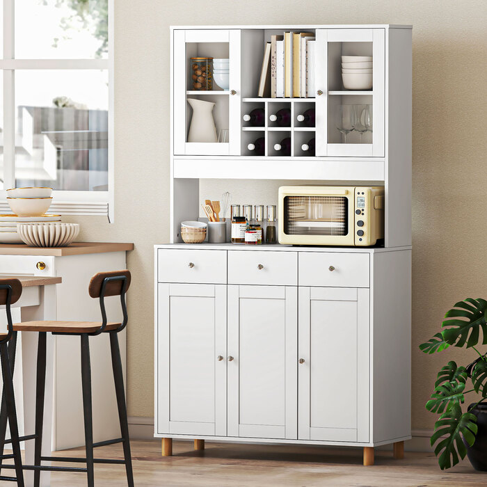 Кухонна шафа 180 см, 2 скляні дверцята, 3 висувні ящики, 4 регульовані полиці, шафа для їдальні, ДСП, білий