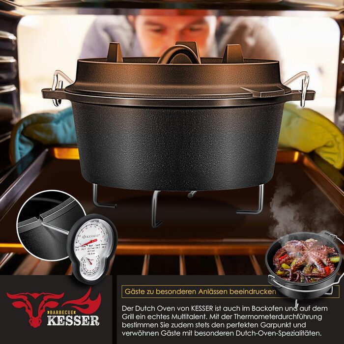Набір голландських казанів KESSER® BBQ: голландський казан, посуд для приготування на грилі, котел для гуляшу, чавунний посуд з кришкою та термометром (4.2 л)