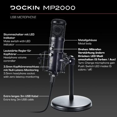 DOCKIN® MP2000: USB мікрофон для ПК, геймінгу, подкастів та стрімінгу. Якісний мікрофон з важким штативом для запису звуку. (130dB)