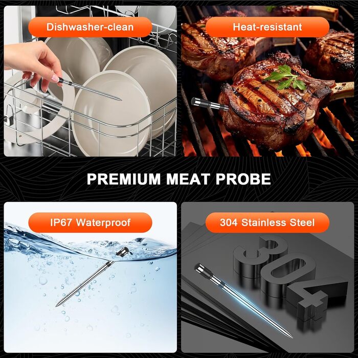 Цифровий термометр для м'яса – миттєвий термометр для гриля та продуктів харчування, бездротовий, ультратонкий зонд з двома датчиками 0,19 дюйма, Bluetooth 5.2, радіус дії 243,8 м, сповіщення через додаток, водонепроникний IP67 (набір з 4 зонди)