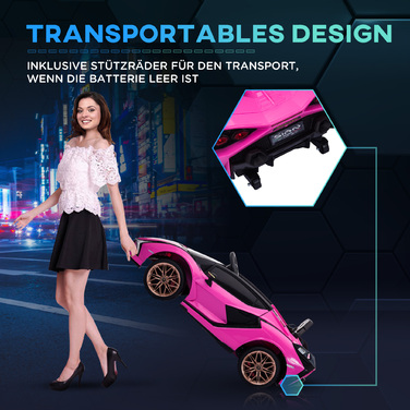 Дитячий електромобіль HOMCOM Lamborghini, 3-5 км/год, з дистанційним керуванням, для дітей 3-5 років, рожевий