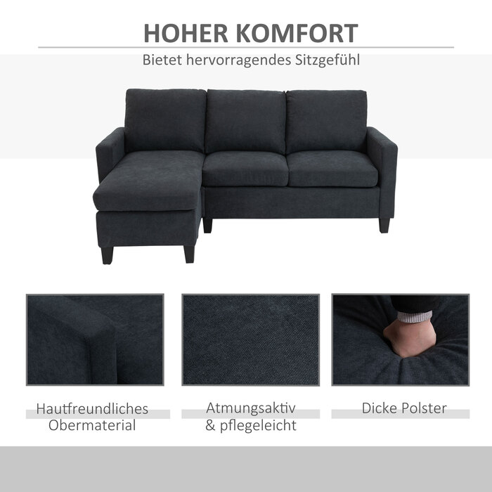HOMCOM кутовий диван з тканини, кутова вітальня, диванний комплект, обертова кушетка, L-подібна форма, темно-сірий, 197x139x91 см | Aosom