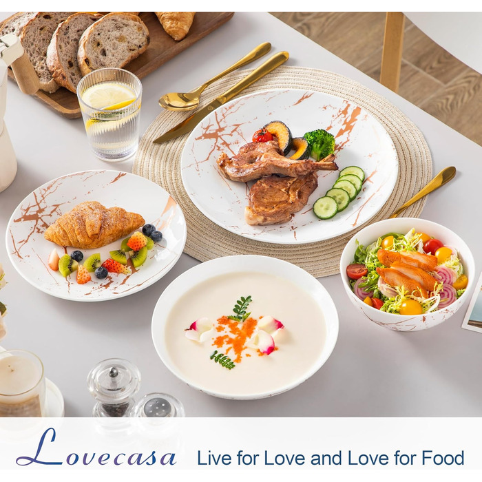 LOVECASA Сервіз столовий порцеляновий Daphne SWEET, 24-частинний набір, 6 персон. Сервіз з золотим декором: тарілки для їжі, десертні тарілки, миски для каші та супові тарілки.