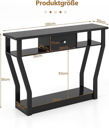 Консольний стіл COSTWAY з ящиком і полицею, 120 х 30 х 81 см, чорний, для передпокою, вітальні, спальні