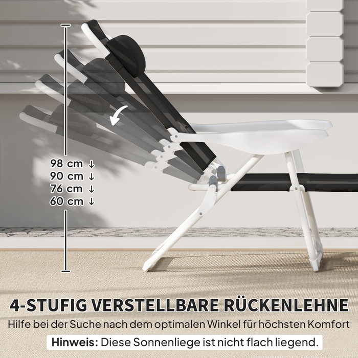 Розкладне крісло для відпочинку на сонце з подушкою для голови, крісло для саду з регульованою спинкою у 4 положеннях, витримує до 120 кг, чорного кольору.