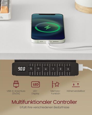 Електричний регульований стіл VASAGLE 120x60 см, білий, з підставкою для монітора, USB-роз'ємами, пам'яттю висоти