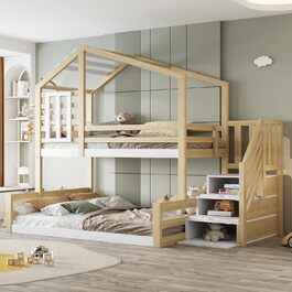 Двоярусне ліжко 90x200 та 140x200 см, дитяче ліжко-горище з місцем для зберігання, сходами та дахом, ліжко-будиночок з вікном, з ламелями та захистом від падіння, без матраца, натуральне дерево