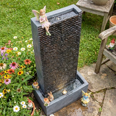 Двох'ярусний фонтан для саду з LED-підсвічуванням та насосом, з імітацією граніту, розміром 37,5 x 22 x 80 см