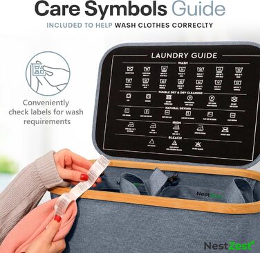 Кошик для білизни Nest Zest 100L з кришкою, 2 відділення для сортування, з інструкцією по догляду та 2 знімними внутрішніми кишенями, з бамбуковим обідком, Оксфордська тканина (Сірий)