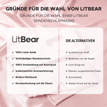 Маска для сну LitBear з 100% шовку маорі, для жінок та чоловіків, з регульованою стрічкою, рожевого кольору