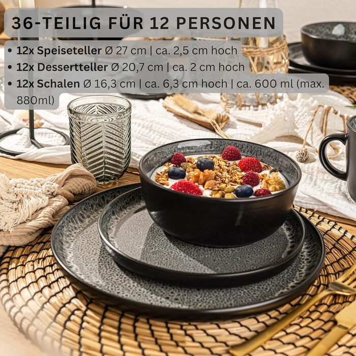 Набір посуду SÄNGER Sydney (36 предметів) | Набір тарілок на 12 осіб | Темно-сірий, стійкий до подряпин | VALUE COLLECTION