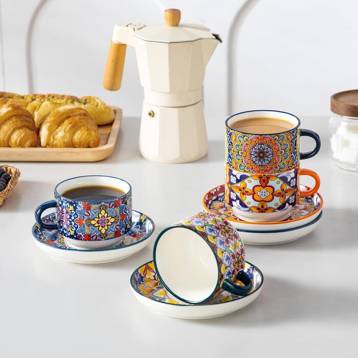 Набір чашок для еспресо Vancasso 4 шт., 150 мл SIMI, з підставками та стійкою, керамічні, для капучино, еспресо, лате (270 мл)