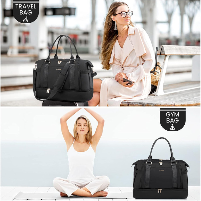 Спортивна сумка LOVEVOOK для подорожей: жіноча дорожня сумка-weekender з культюрною косметичкою, відділенням для взуття та мокрих речей, водонепроникна сумка для ночі, сумки для тренажерного залу, подорожей та аеропорту (37L, чорний)