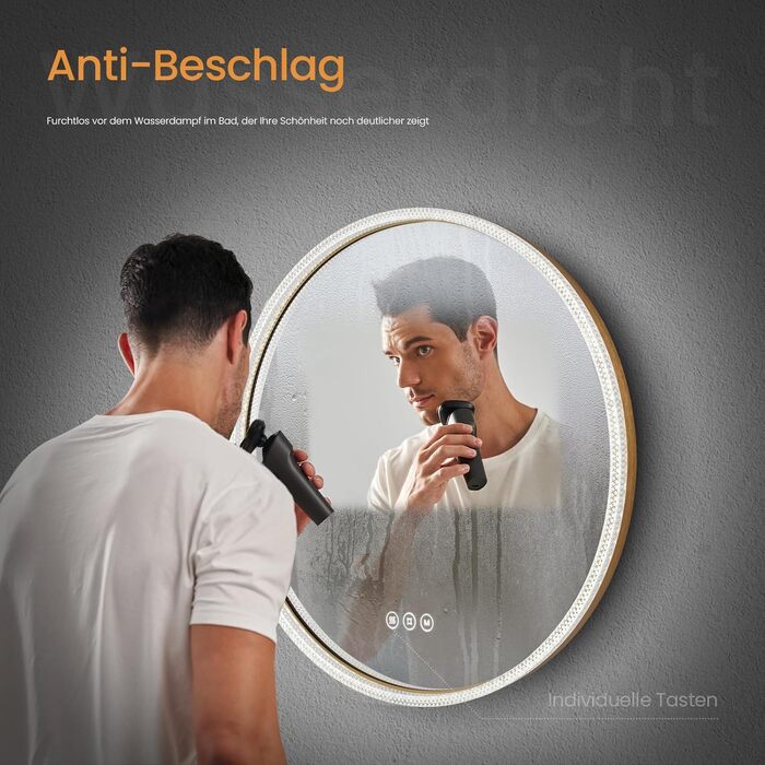 Дзеркало для ванної кімнати EMKE з підсвічуванням, 80 см, 3 кольори світла, регулювання яскравості, антизапар, сенсорне управління, функція пам'яті, енергозбереження, кругле, золотий фрейм (60x60 см)
