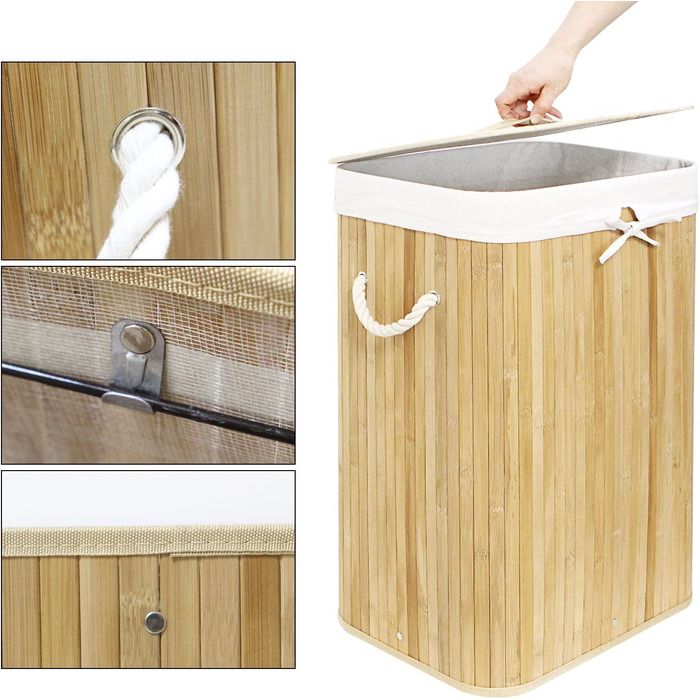 Кошик для білизни WM Homebase, бамбукова складна коробка для білизни, знімний мішок для білизни 35x35x60 см (прямокутна форма 72L, натуральний колір)