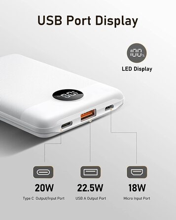 Міні-павербанк VEEKTOMX 22.5 Вт 10000 мАг USB C PD3.0 QC3.0 для iPhone, Samsung, Xiaomi тощо (Білий)