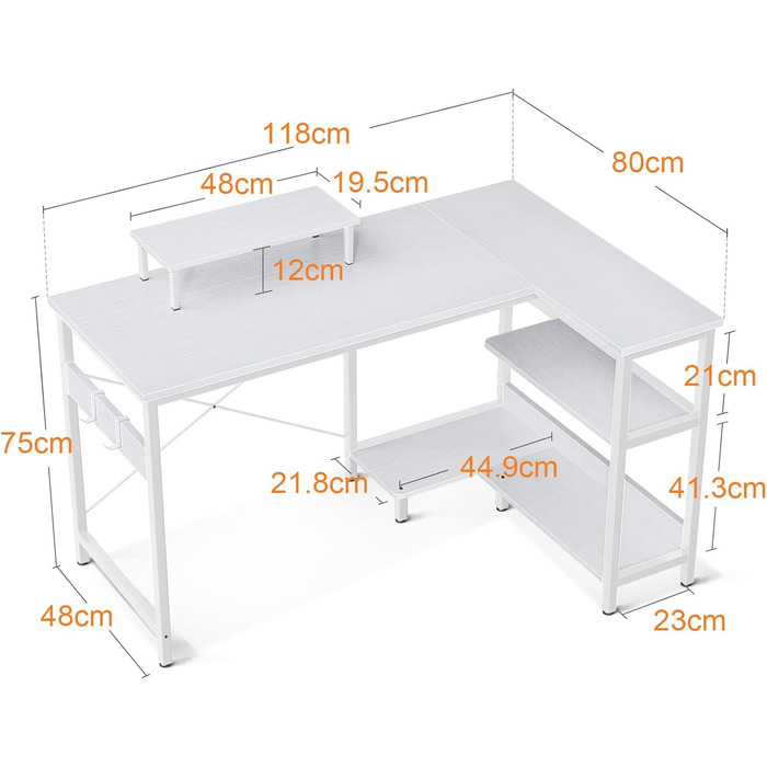 Г-подібний письмовий стіл з полицями, двосторонній, підставка для монітора, полиці для зберігання (120x80x75см, білий)