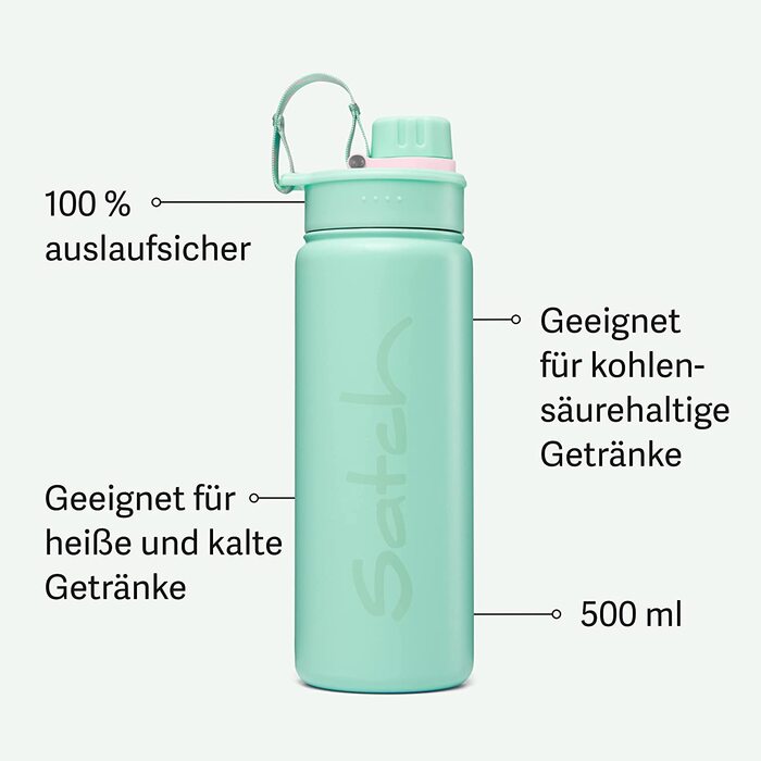 Пляшка для пиття Satch з нержавіючої сталі, що не містить бісфенолу А, об'ємом 0,5 л, герметична і газована, підходить як для гарячих, так і для холодних напоїв.