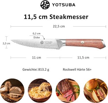 Набір кухонних ножів YOTSUBA Profi з дерев'яним блоком та точилкою, ножиці, набір кухонних ножів з нержавіючої сталі, набір кухонних ножів для кухні (ніж для стейка - 6 шт)