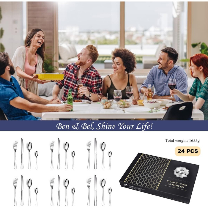 Набір столових приборів Ben & Bel на 6 осіб (24 шт.) з нержавіючої сталі: ножі, виделки, ложки, подарункова коробка, легко миється, придатний для миття в посудомийній машині