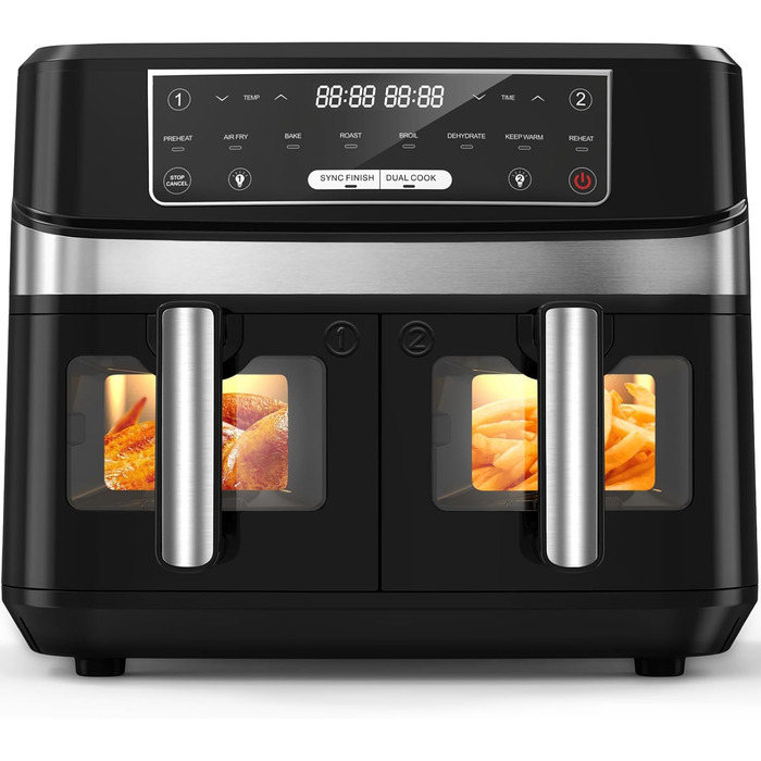 Подвійна фритюрниця без олії з 2 камерами, 10л, 8-в-1, сенсорний екран, таймер, XXL