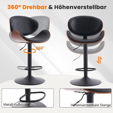 Барний стілець YOUTASTE з вигнутого дерева, 1 шт., 360° обертання, спинка та підніжка, PU-шкіра, для бару, кухні, бістро, білий (чорний)