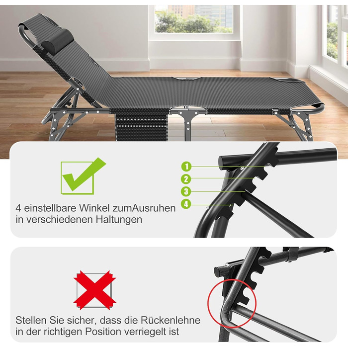 Складана сонячна лежак для саду, 200 кг, з матрацом та підголівником, блакитний. Підходить для балкону, саду, кемпінгу.