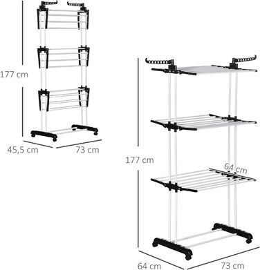 Сушильна стійка HOMCOM Tower з колесами, 4 рівні, висувна, для внутрішнього та зовнішнього використання, сталь, чорна, 73x45.5x177см