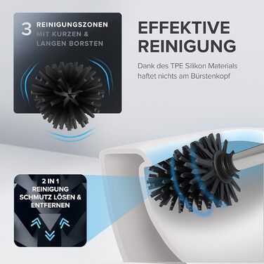 Торцева щітка для унітазу ROMO | Силіконова щітка для унітазу | З вентиляцією | Свободно стояча | Змінний насадок з нержавіючої сталі | Знімна підставка для крапель | Торцева щітка без кріплення до стіни (Без бачка, Срібна)