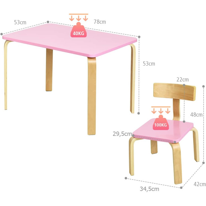 Дитячий стіл LIFEZEAL з 2 стільцями: дерев'яний комплект для дитячої кімнати (3-12 років, рожевий+натуральний)
