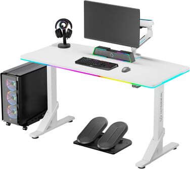 Комп'ютерний стіл ULTRADESK Iron з RGB підсвічуванням: механічний регульований стіл для геймінгу (білий)