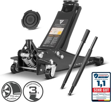 Гідравлічний домкрат Stahlwerk 3т низькопрофільний (73-500 мм) з гумованими колесами, подвійним поршнем, чорний