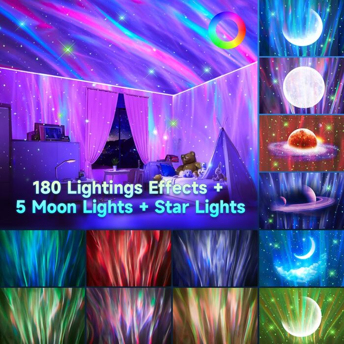 Проектор зоряного неба COOLNIGHT: нічник-проектор галактики та північного сяйва (Аврора) з 180 режимами світла, білим шумом та Bluetooth, чорний