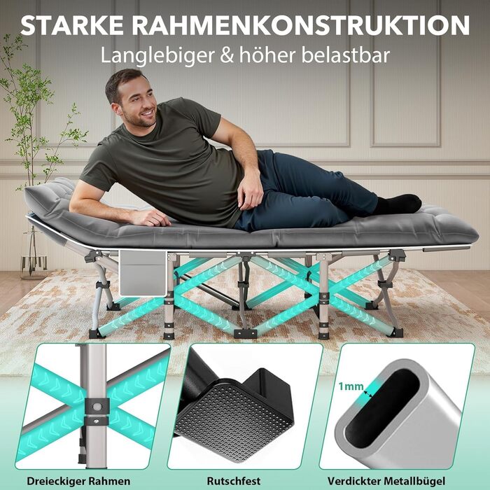 Розкладне ліжко для кемпінгу з матрацом та сумкою-переноскою, посилене (до 208 кг), XL 190x71x35 см, сіре