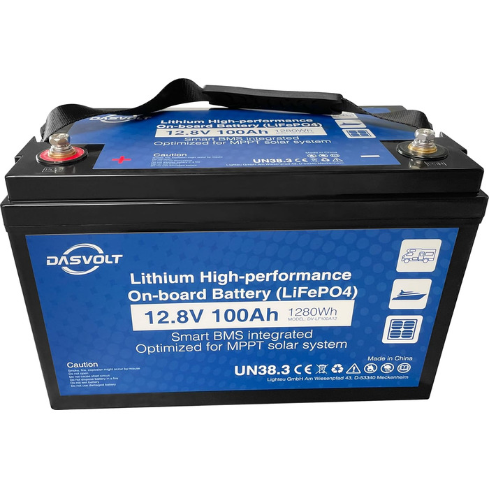 Акумулятор DASVOLT 12V 2560Wh LiFePO4 з BMS для автофургону, домашнього резервування, сонячної енергії, автономної мережі, морського транспорту (100 Ач)