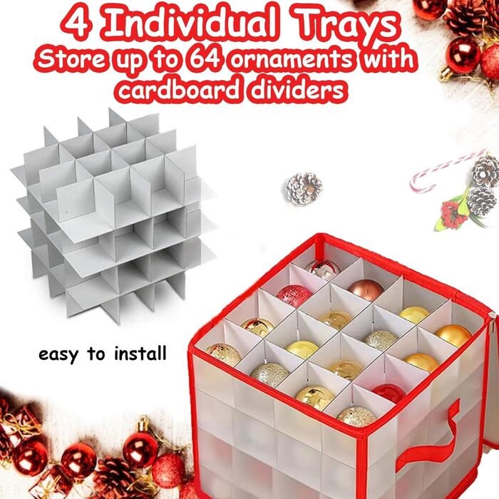 Коробка для зберігання 64 новорічних кулі - Складана сумка для прикрас - Регульовані перегородки та ручки - Пилсторостісна декор-коробка (2 шт.)