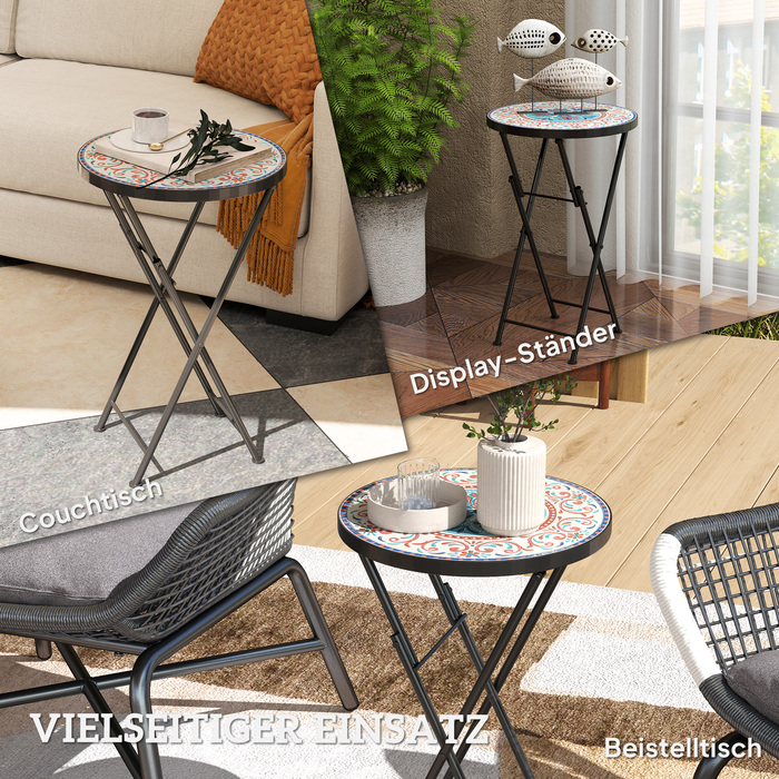 Outsunny Side Table Складаний садовий стіл з мозаїчним дизайном, Ø35.5 x 55 см Круглий атмосферостійкий металевий балконний стіл, Кемпінговий стіл Розкладний стіл Журнальний столик для вітальні, офіс, Відкритий Внутрішній, Багатокольоровий