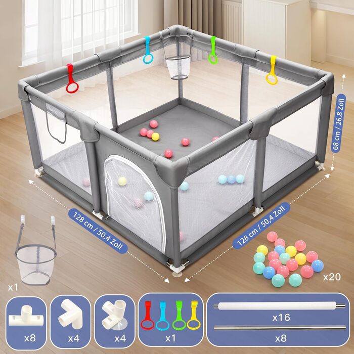 Манеж дитячий CHOLY для немовлят та малюків, 128х128 см, сірий. Безпечний, з сіткою та м'яким захистом, легко збирається