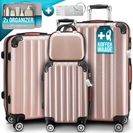 Набір валіз Monzana® 4шт з косметичкою, колір рожевий - M, L, XL - з замком, органайзером та вагами. З гелевими ручками, подвійними колесами, ніжками, телескопічною ручкою, валіза-троль, валіза з жорстким корпусом, багажний набір