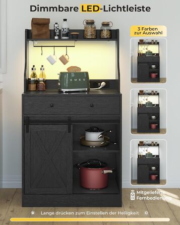 Чорний буфет-шафа з LED-підсвіткою, великою шухлядою та регульованими полицями для кухні, вітальні, їдальні